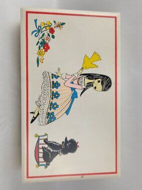 Vintage Earl Bernard Wooden Jewelry Box w/ Red Velvet Lining Bird Poodle Flowers